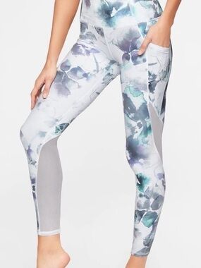 Athleta Mudra 7/8 Floral Print Performance Leggings - White/Gray/Teal